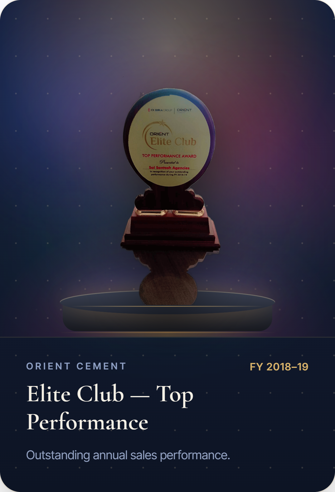 Orient Cement Elite Club — Top Performance Award, FY 2018–19