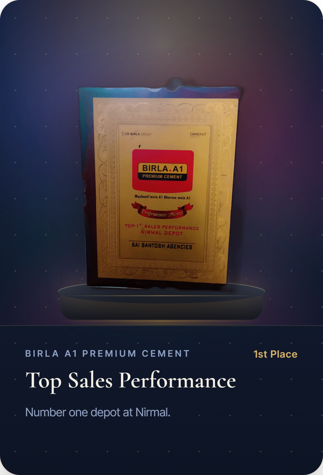 Birla A1 Premium Cement — Top 1st Sales Performance, Nirmal Depot